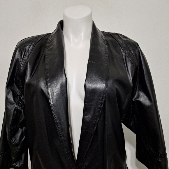 Lisa Loren Black Matrix Front Pockets 3/4 Sleeve Genuine Leather Coat Size M - Picture 2 of 11